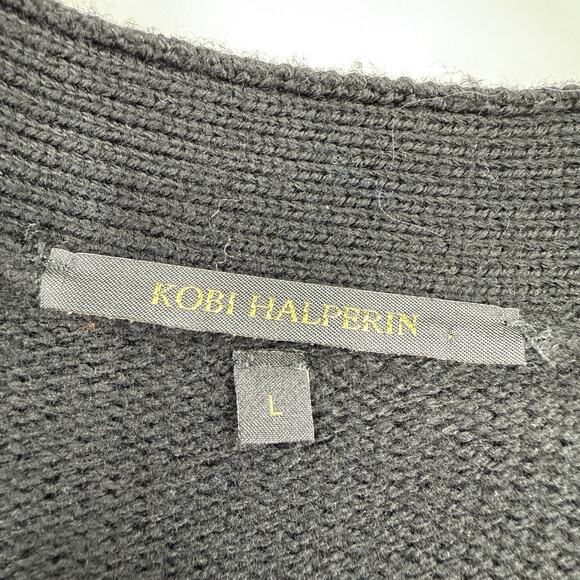 Kobi Halperin Wool Cardigan Large Black Open Long Puff Sleeves Fringe Trim Shrug - Picture 13 of 14